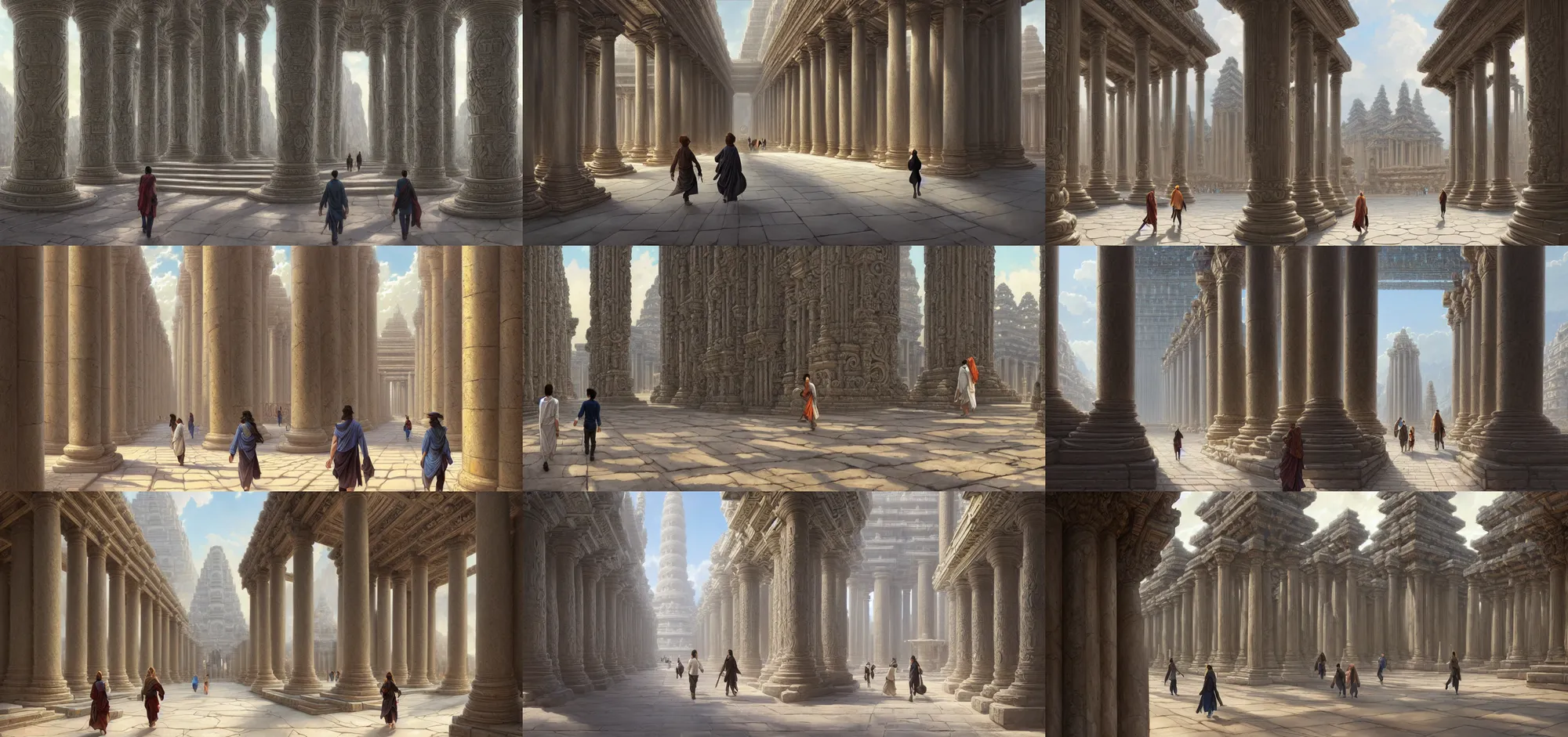 Prompt: character portrait, shot from over the shoulder third person perspective, two people walking down the center of a massive stone temple with rows of large pillars lining either side of the pathway, intricate, elegant, highly detailed, digital painting, artstation, concept art, smooth, sharp focus, illustration, art by artgerm and greg rutkowski and alphonse mucha, 8 k