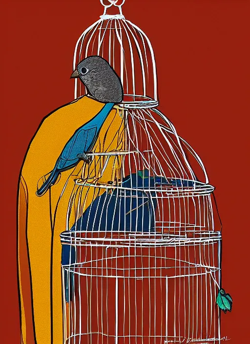 Prompt: a person with a birdcage instead of head by frank frazzetta