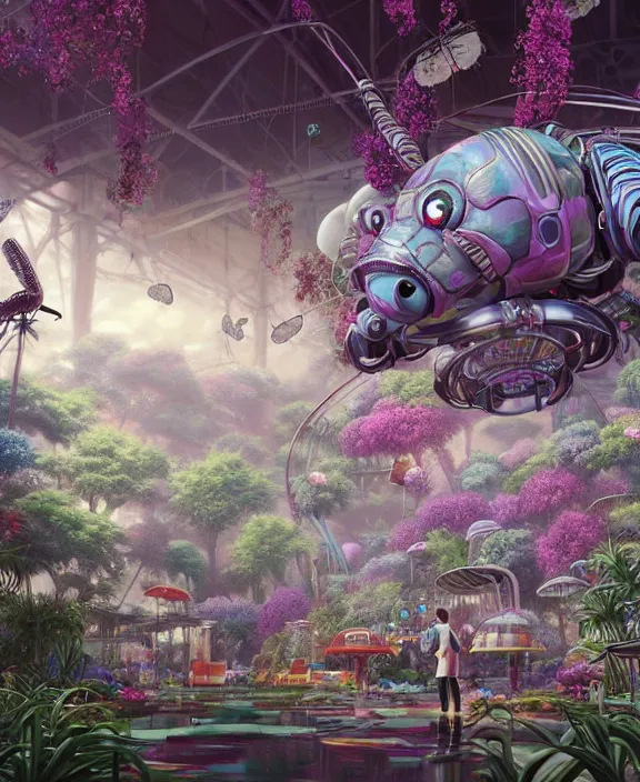 Image similar to an amusement park made out of alien isopod dragonflies, in the style of an seamless robot, overgrown with puffy orchids, partly cloudy, somber, dramatic lighting, by dan mumford, yusuke murata, makoto shinkai, ross tran, cinematic, unreal engine, cel shaded, featured on artstation, pixiv