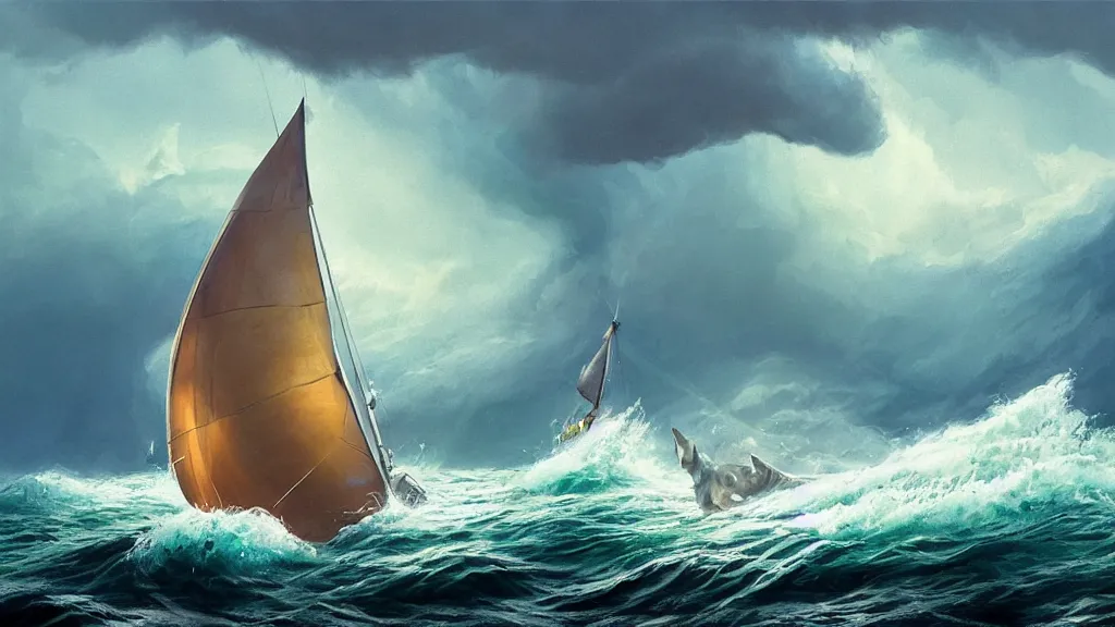 Image similar to a gigantic cat bursting out of a stormy sea attacking a small sail boat, wet fur, giant waves, sunbeams in background, intricate, detailed, volumetric lighting, sharp focus, scenery, photorealism, digital painting, highly detailed, concept art, by roger dean and simon stalenhag and mark brooks