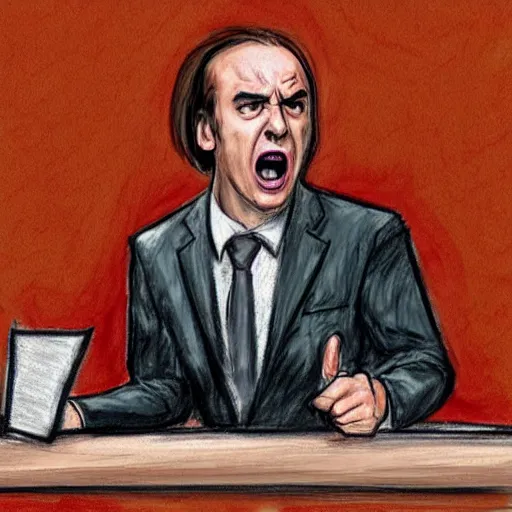 Prompt: saul goodman screaming, courtroom sketch