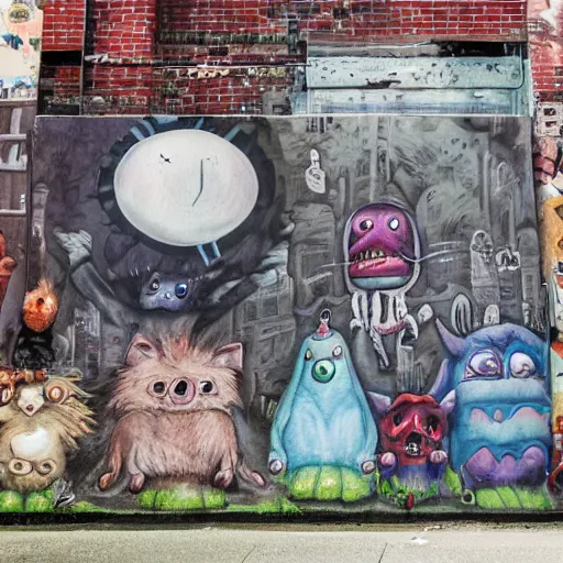 Image similar to little crazy monsters, furry creatures, monster emotional monsters and creatures in the city alleyway with graffiti, in the style of Johfra and Shaun Tan