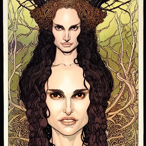 Image similar to a realistic portrait of natalie portman as a druidic wizard looking at the camera with an intelligent but seductive gaze by rebecca guay, michael kaluta, charles vess and jean moebius giraud
