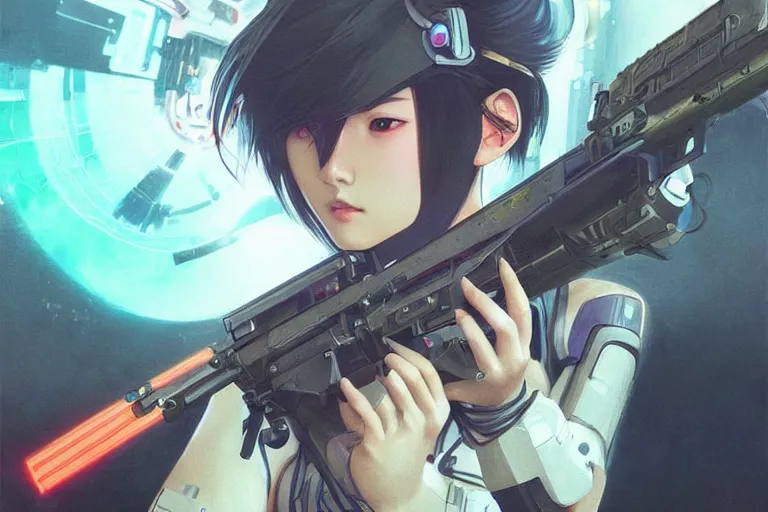 Image similar to young female japanese sniper aiming a railgun sniper rifle, neon, cyberpunk, futuristic, full cybernetic combat suit, short bob haircut, stunning illustration, highly detailed, digital painting, smooth, soft focus, illustration, ghost in the shell, 4 k digital art from artstation by artgerm and greg rutkowski and alphonse mucha