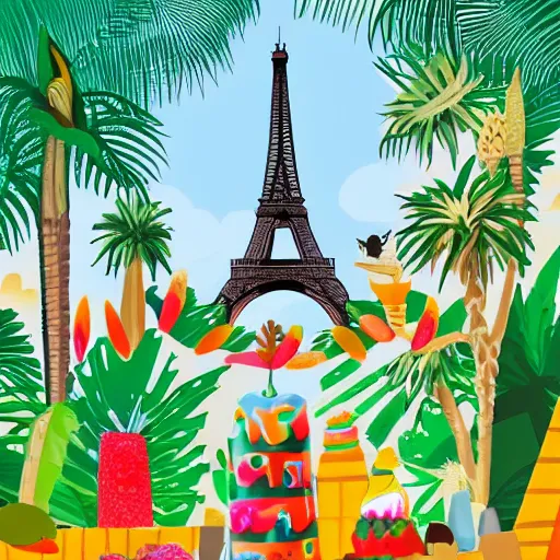 Image similar to eiffel tower surrounded by ice cream in a tropical forest with animals, modern art, mysterious, colorful,