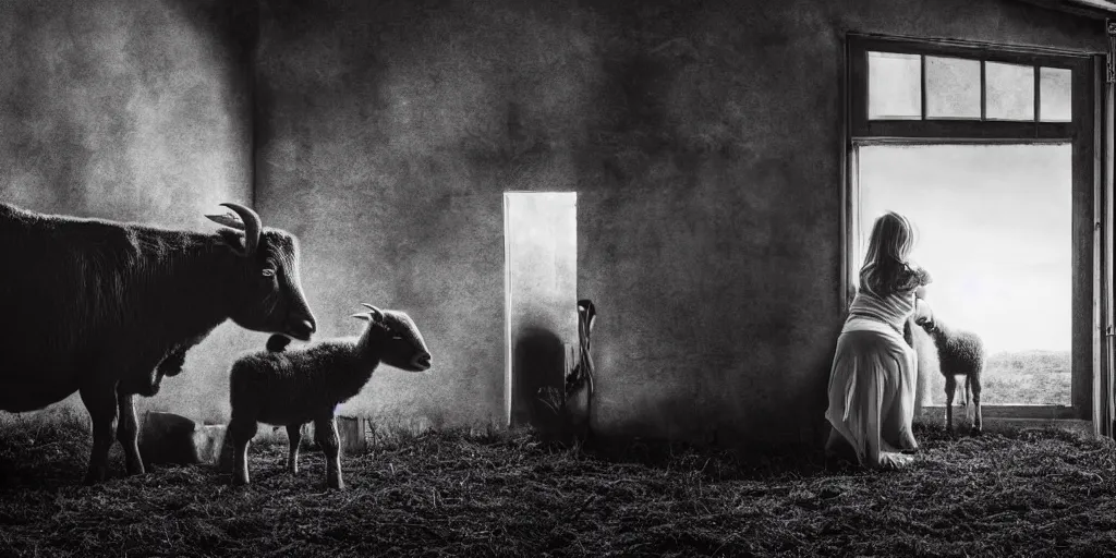 Prompt: insanely detailed wide angle photograph, atmospheric, girl nursing a lamb in a barn, horror, night, shadows, secluded, evil eyes, hay, a cow, windows