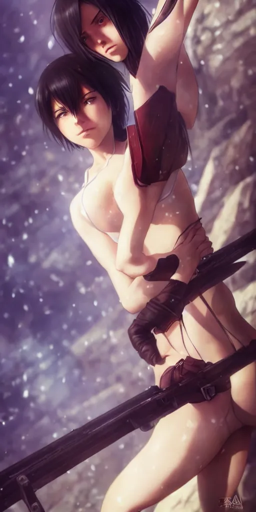 Image similar to mikasa ackerman, hero pose, medium shot, bokeh, beautiful face!!!!, 2 7 years old, cg animation, lifelike, animated, realistic, character select portrait, by artgerm, greg rutkowski, alphonse mucha, 3 d