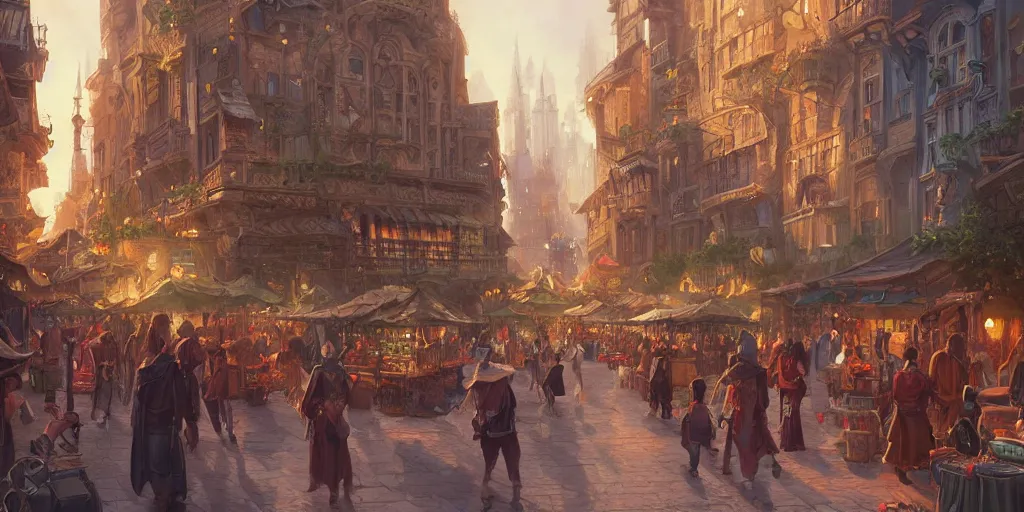 Prompt: a busy fantasy street market from within a beautiful and ornate city, by Sylvain Sarrailh, by Sebastian Luca, by Nicodemus Yang-Mattisson, cinematic, great composition, beautiful digital painting, oil painting, dungeons and dragons, lord of the rings