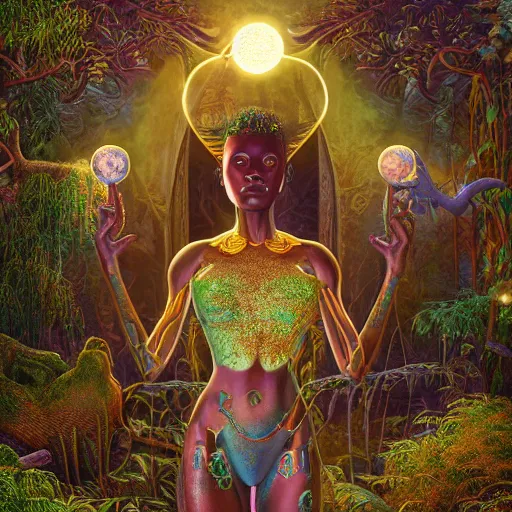 Image similar to symmetry!!, corpse of an african moon goddes deep inside a temple overgrown with vegetation, by casey weldon and chie yoshii and amanda sage, global illumination, radiant light, god rays, bokeh, digital illustration, cg society, unreal engine 5, ray tracing