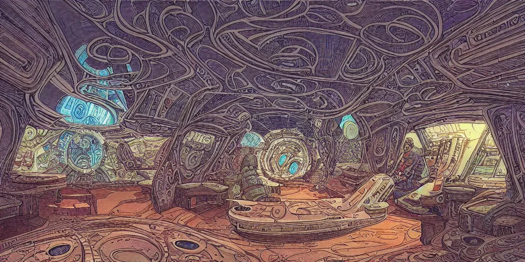 Image similar to cinematic shot of the interior of a crystalline sci-fi spaceship made with ornate elven architecture and highly advanced technology, extremely detailed, intricate linework, style of Jean Giraud Moebius comic art