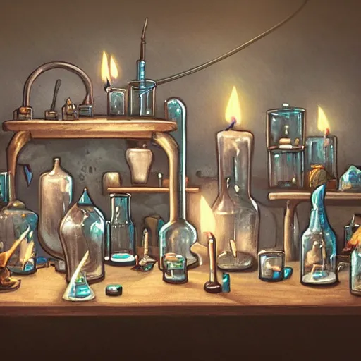 Prompt: A wizard's laboratory, full of beakers and potions, experiment in progress on the table, candles everywhere, dangerous, mysterious, artstation, digital painting, top-rated, award winning, highly detailed, by Justin Peters and Jeszika Le Vye