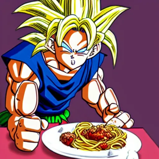 Image similar to goku sitting at a table at olive garden while he eats a plate of spaghetti and meatballs