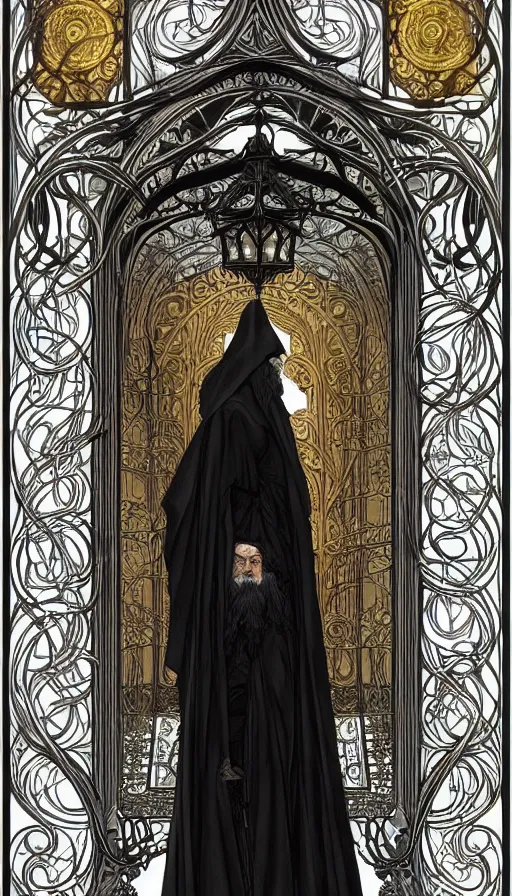 Image similar to one old man wore a black cloak, a black cloak and a white beard, highly detailed, very intricate, art nouveau, gold filigree, left right symmetry, tarot concept art watercolor illustration by mandy jurgens and alphonse mucha and alena aenami, featured on artstation