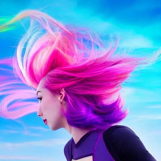 Prompt: a award winning full body shot of a beautiful woman in a croptop with a ombre purple pink teal hairstyle with head in motion and hair flying, outrun, vaporware, vivid colors, highly detailed, fine detail, intricate