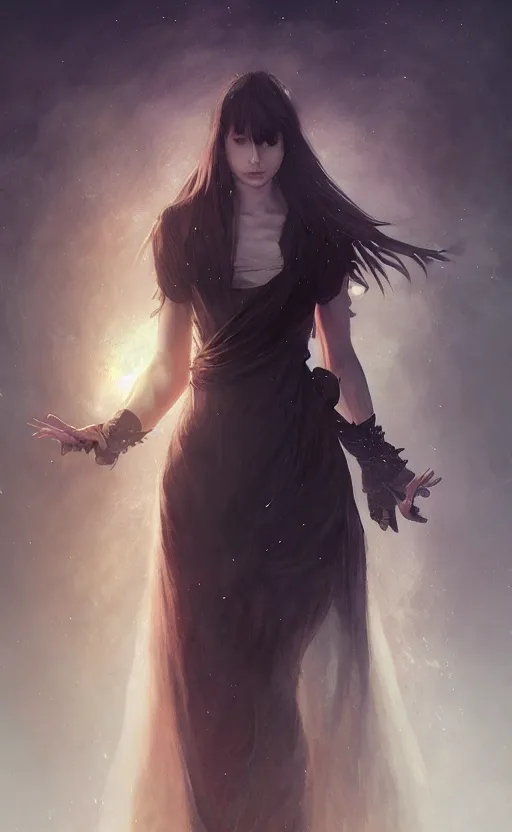 Prompt: a girl from final fantasy live action, mourning, evocative, mystical night, very very very very detailed, award winning, masterpiece digital painting by greg rutkowski, alex grey, artstation, 4 k wallpaper