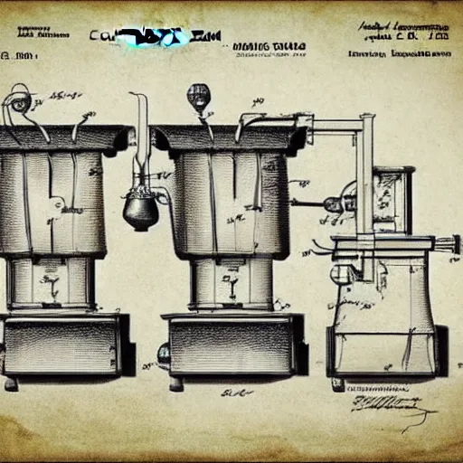 Image similar to plans for a coffee mill as drawn by thomas edison. patent filing. detailed. hd