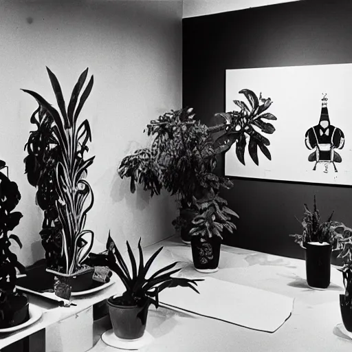 Prompt: A black and white photography in serigraphy of an exhibition space with works of Sun Ra, Marcel Duchamp and tropical plants, 60s, Modern Art