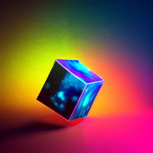 Image similar to photo of a diorama of the hole universe inside a epoxy resin cube, very colourful, cinematic lighting, soft neon, octane render, trending on Artstation