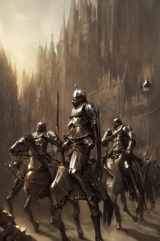 Image similar to medieval parade of knights, by wlop, by luis royo, by peter mohrbacher, concept art, digital illustration, intricate, masterpiece, elegant, super detailed, unreal engine rendering, smooth, sharp focus, artstation hq