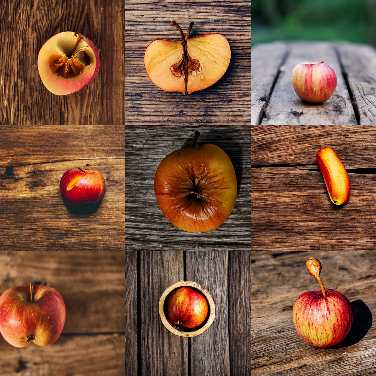 Prompt: A dried apple on a cracked wooden table