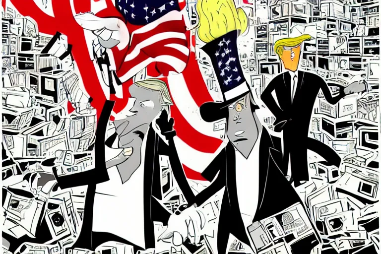 Image similar to 2 d poster illlustration donald trump and donald trump wearing trenchcoats and black spy hats, stacks of boxes everywhere and a safe broken open for the movie spy vs spy