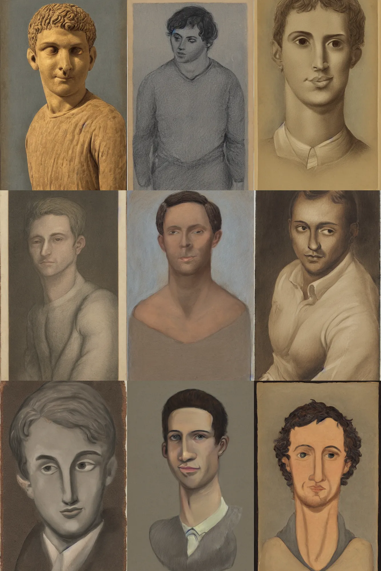 Prompt: A portrait en buste of a man in his twenties, soft round features, oval face, roman nose, warm skin tone, narrow blue grey eyes, small ears, short length wavy dark blond hair, kind smile, bags under eyes, slight stubble, mole on cheek, wearing a textured ochre cotton dress shirt rolled at the elbows, fauvisme, art du XIXe siècle, figurative oil on canvas by André Derain, Albert Marquet, Auguste Herbin, Louis Valtat, Musée d'Orsay catalogue