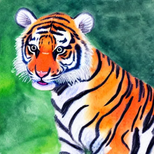 Prompt: watercolor drawing of a curious young tiger smelling a flower, big eyes, cute, watercolor, wide angle shot, low angle shot, full shot, white background, very detailed, high quality