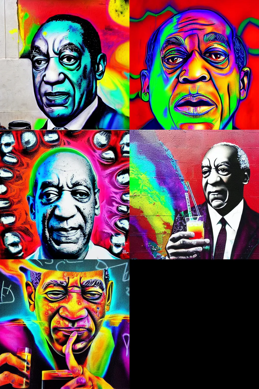 Prompt: surreal street art psychedelic portrait of bill cosby mixing drinks, deviantart, pinterest, trending 4k hyperdetail,