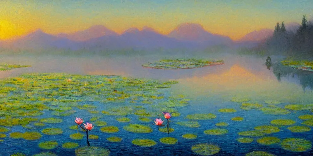 Image similar to impressionism painting of a pond of water lily on a foggy morning, sun low on horizon through snow capped mountains, soft light, misty