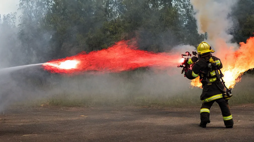 Image similar to photo of a firefighter using a flamethrower projecting a long flame