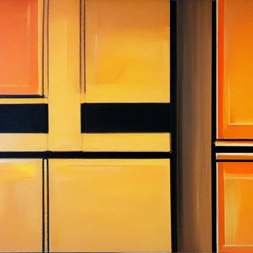 Image similar to interior of a kitchen, abstract painting cabinet texture, yellow, orange, brown, photorealist, 4 k