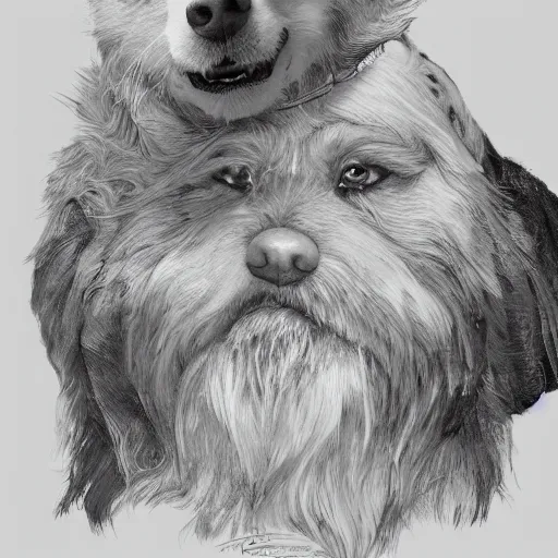 Prompt: portrait of a old, ruggedly handsome bearded man next to a corgi dog, soft hair, muscular, half body, cloth, d & d, fantasy, intricate, elegant, highly detailed, digital painting, artstation, concept art, smooth, sharp focus, illustration, art by artgerm and greg rutkowski and alphonse mucha