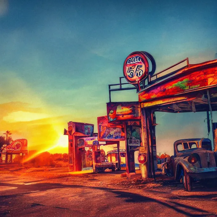 Image similar to a sunset light landscape with historical route 6 6, lots of sparkling details and sun ray ’ s, blinding backlight, smoke, volumetric lighting, colorful, octane, 3 5 mm, abandoned gas station, old rusty pickup - truck, beautiful epic colored reflections, very colorful heavenly, softlight