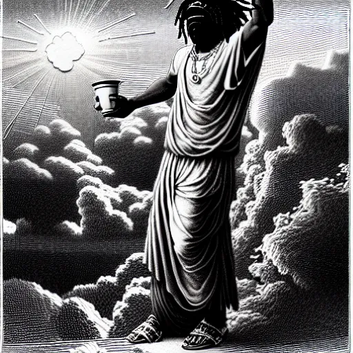 Image similar to chief keef ascending into heaven holding cup of lean and blunt, biblical image, style of gustave dore, highly detailed, beautiful, high contrast, black and white