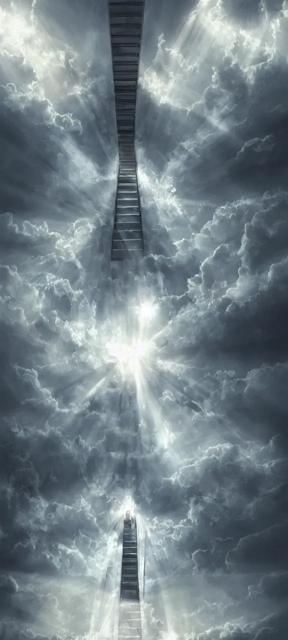 Image similar to stairway ladder to heaven many angels ascending atmospheric epic rays concept art