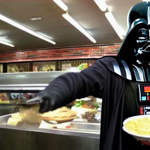 Prompt: Darth Vader takes your food order at Good Burger, he's wearing a food safety hair net