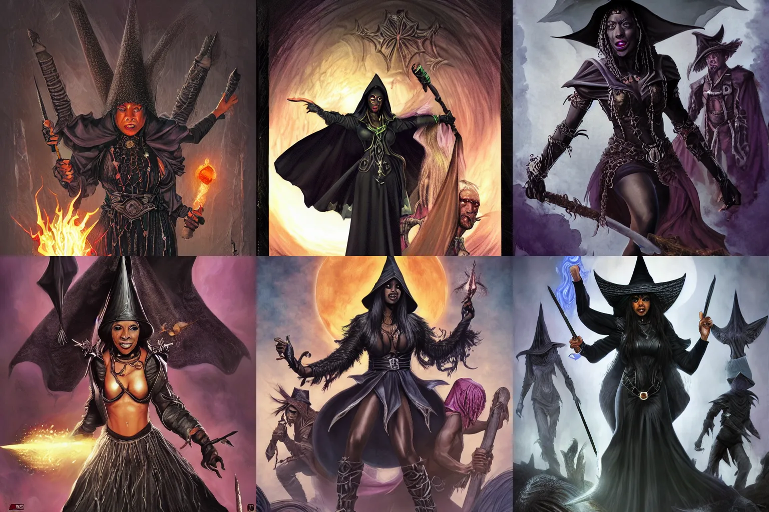 Prompt: The black sorceress with a witch hat and a scepter, A.J. Nazzaro, Aaron Miller, Aaron Su, Abe Taraky, Adam Byrne, Agatha Zhou, Akkapoj T., Alan Pollack, Aleksi Briclot, Alex Garner, Alex Horley, Alex Konstad, Alex Pascenko