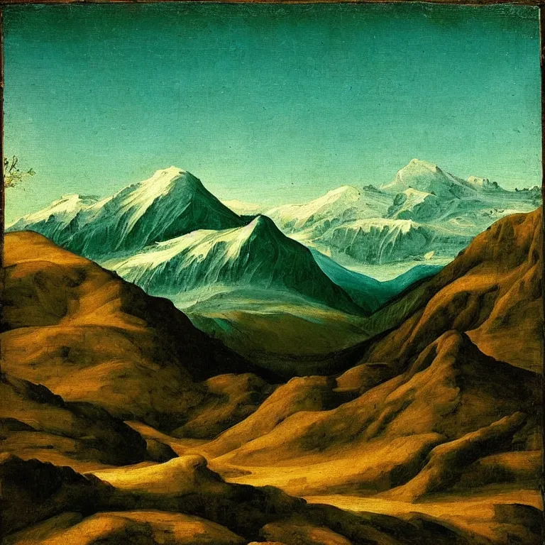 Image similar to caucasus mountains at night, renaissance painting, teal palette