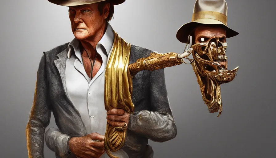Image similar to roger moore as indiana jones holding a whip in left hand and holding a golden mayan skull in the right hand, grey background, hyperdetailed, artstation, cgsociety, 8 k