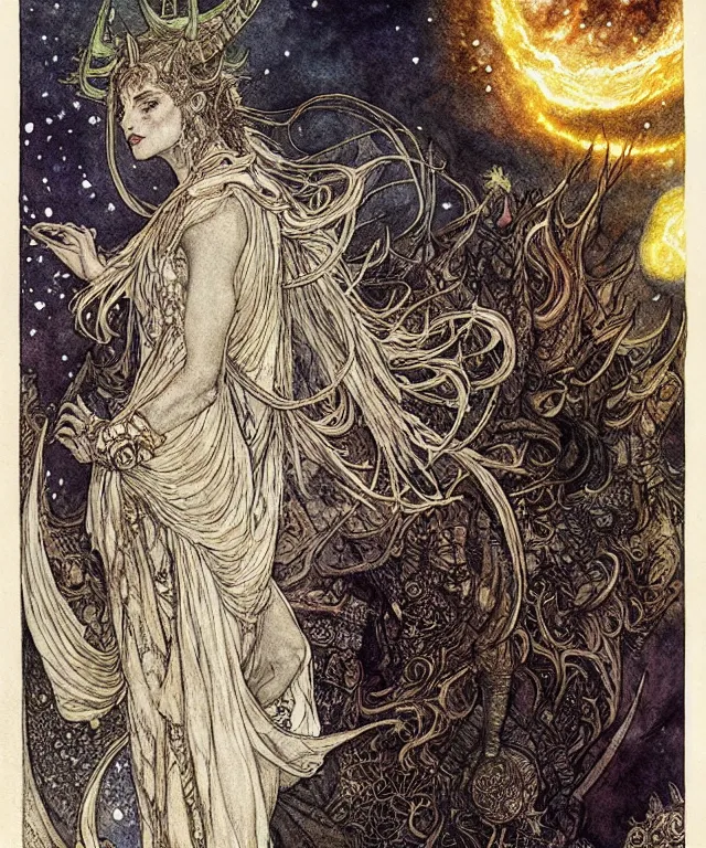 Prompt: A detailed horned many-multiplefaced-goddess stands among the cosmos. Wearing a ripped mantle-robe in cosmic texture. Blurred smudged faces, extremely high details, realistic, fantasy art, solo, masterpiece, colorful art by Arthur Rackham, Dariusz Zawadzki