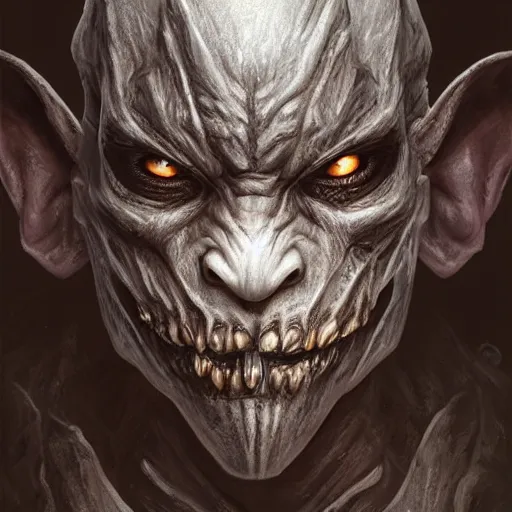 Image similar to a terrifying goblin warrior, photo, professionally retouched, dramatic lighting, wearing bone armor, illuminated by moonlight, realistic, scared face, demonic, predator eyes, wide angle, sharp focus on eyes, 8 k high definition, insanely detailed, intricate, elegant, art by artgerm and wlop