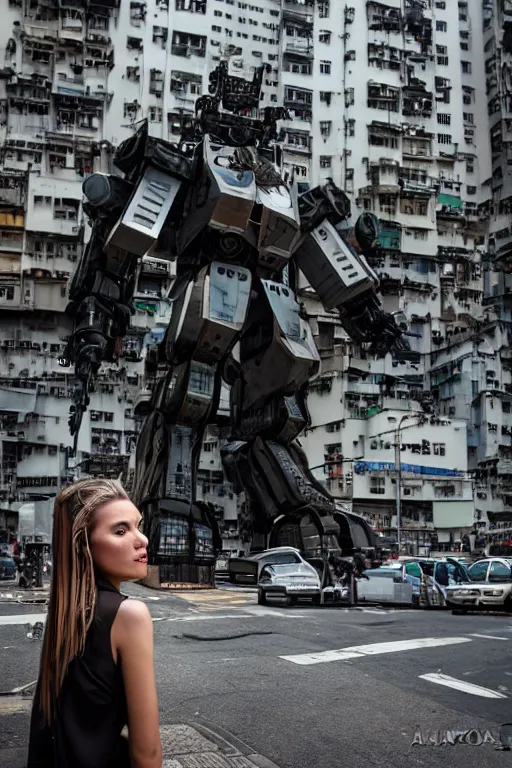 Image similar to portrait cinematography of beautiful young female, clothed in sci-fi military armor, long hair blowing in the wind. Giant mechs in the streets of Hong Kong. by Anita Sadowska