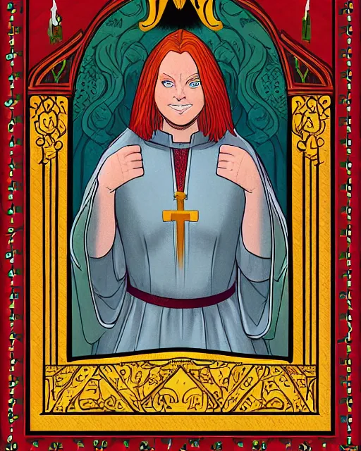 Prompt: symmetrical portrait of a stocky redheaded woman in clerical vestments , iconic character art by Tony DiTerlizzi