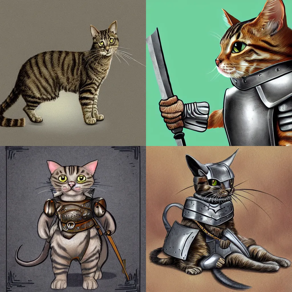 Prompt: a tabby cat wearing medieval metal armor fighting an army of mice digital art