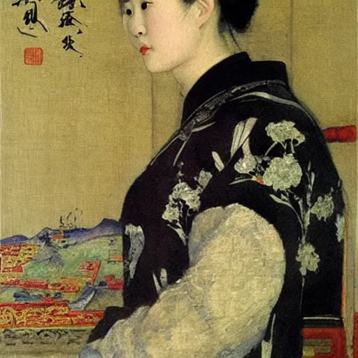 Image similar to portrait of chinese beauty masterpiece painting by vasnetsov and surikov, JEAN-VICTOR BERTIN, by Terence Cuneo, detailed, t artfully traced