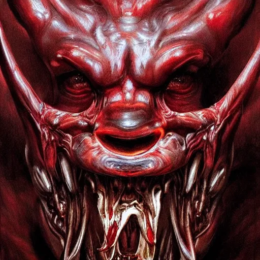 Image similar to Dark Fantasy Painting of a muscular red beast face with saliva and drool dripping from its mouth, creepy, unsettling, horror, upper body, intricate, wild, highly detailed, digital painting, artstation, concept art, smooth, sharp focus, illustration, art by artgerm and greg rutkowski and alphonse mucha