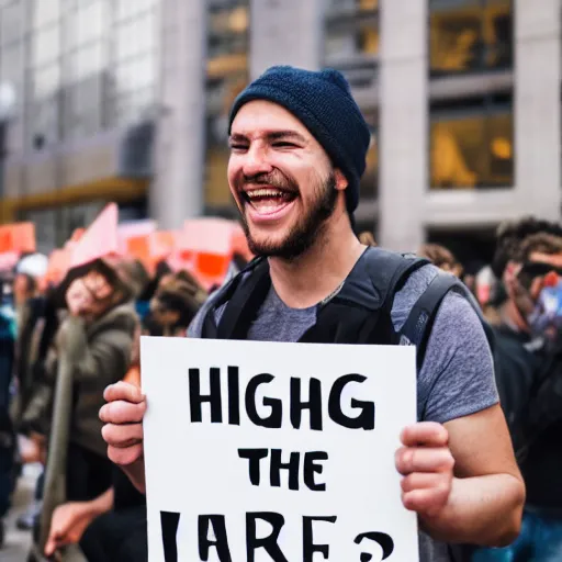 Prompt: photograph of smiling man holding a protest sign saying'xdxbfjzbd in the ahhhahhhahh ', high detail, 8 k resolution