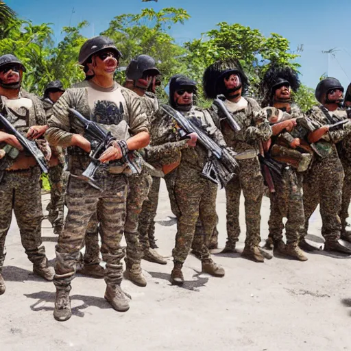 Image similar to heavily armed battalion of thirty drug cartel members, shoulder - to - shoulder, with fully decked - out equipment, long shot photography, harsh overhead sunlight, midday, summer, high - key lighting