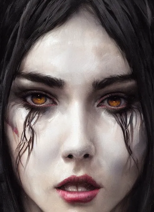 Prompt: a teenage girl with very short black hair and a huge cloak made of grey feathers. beautiful highly detailed face, heavy makeup. beautiful painting by artgerm and greg rutkowski and raymond swanland