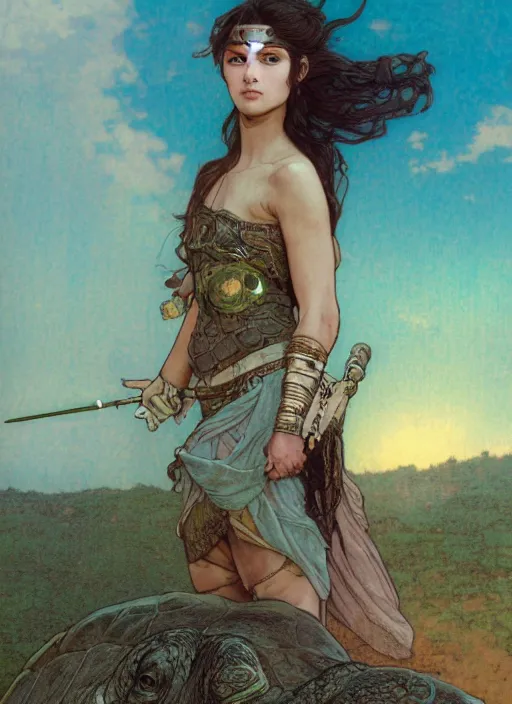 Image similar to a little warrior girl standing on top of one giant turtle in the desert. the girl has dark skin and beautiful green eyes, realistic full body and a very beautiful detailed symmetrical face with long black hair. diffuse light, dramatic sky and landscape, extreme long shot fantasy illustration by mucha